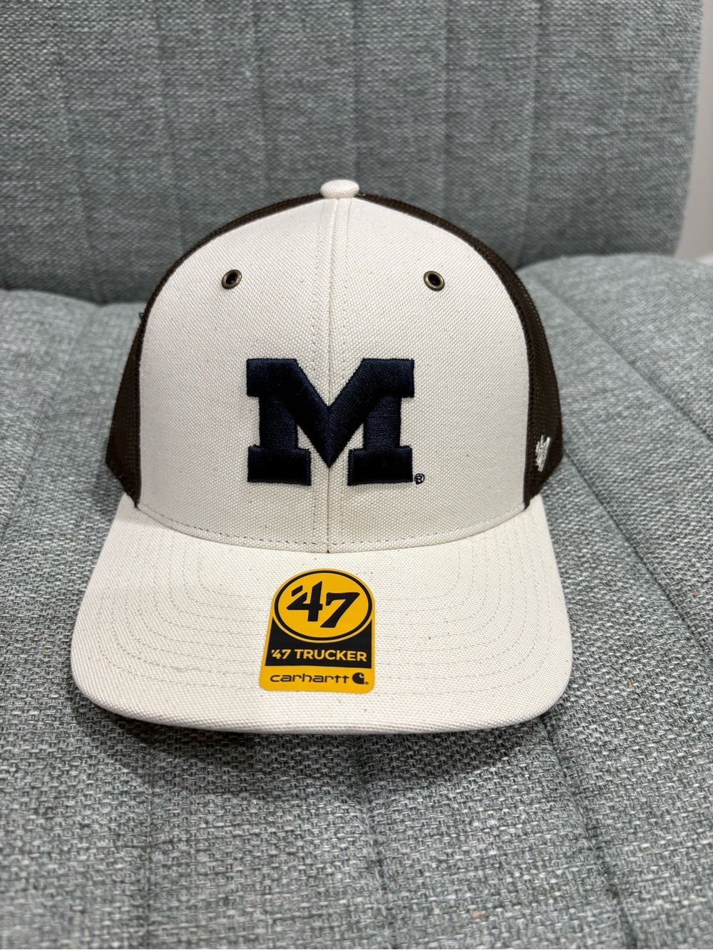 Carhartt Men’s Trucker Cap - Cream and Brown with Navy university of Michigan
